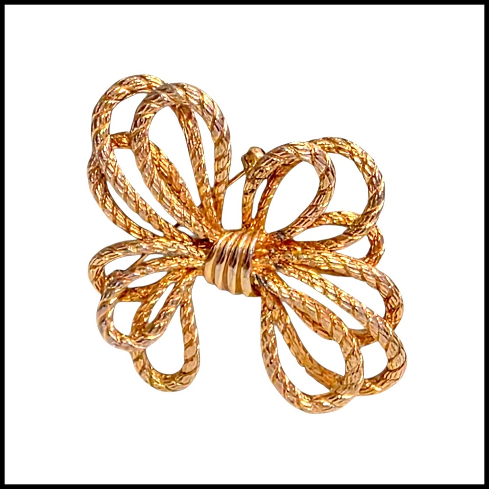 Vintage Gold Tone Textured Multi Loop Bow Brooch Pin Classic Statement Accessory